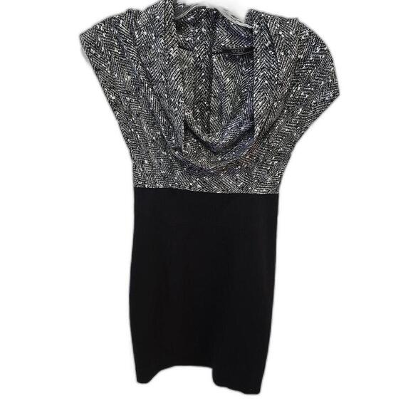 Guess Los Angeles Blouson Fitted Dress 3 Cowl Neck Cap Sleeve Black White - Picture 1 of 12